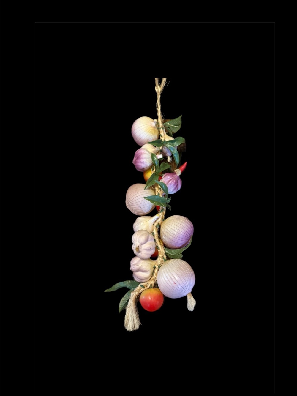 Vintage Funky 70'S  Plastic Vegetable Hanging Decor Onions, Garlic, Peppers  21”